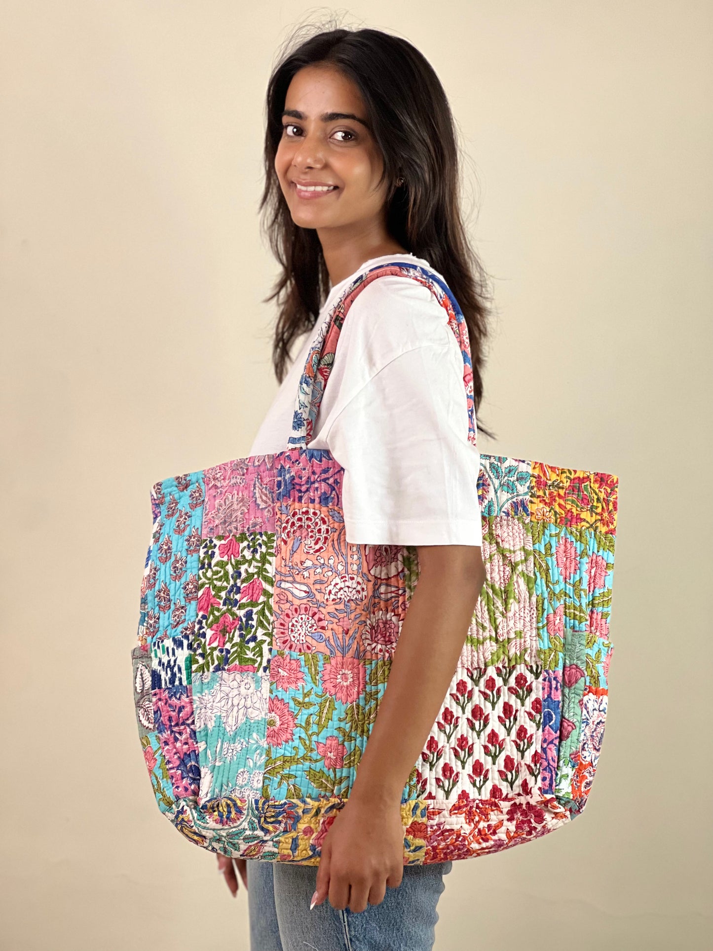 Multi Coloured Patchwork Quilted Everyday Tote Bag