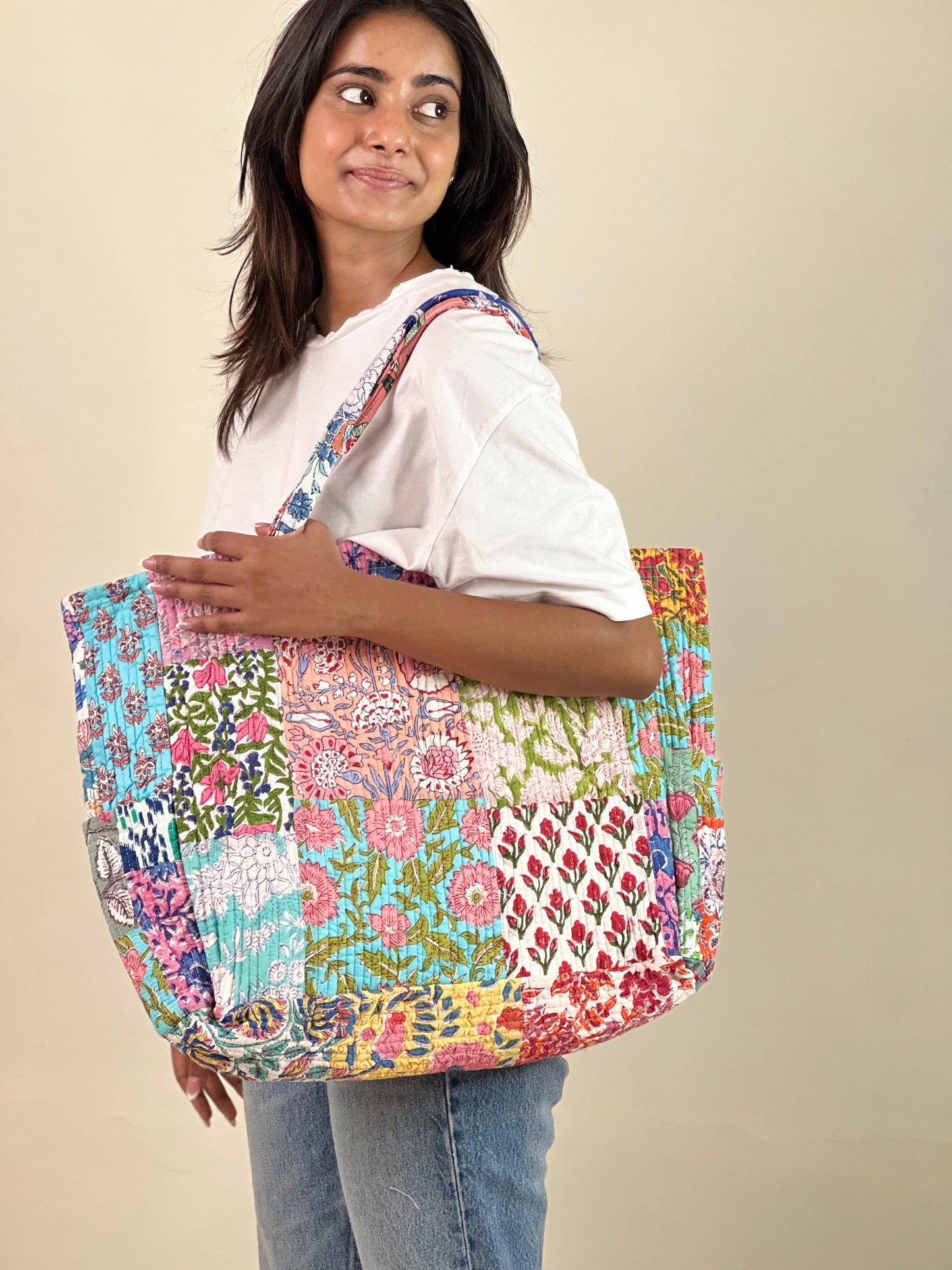 Multi Coloured Patchwork Quilted Everyday Tote Bag