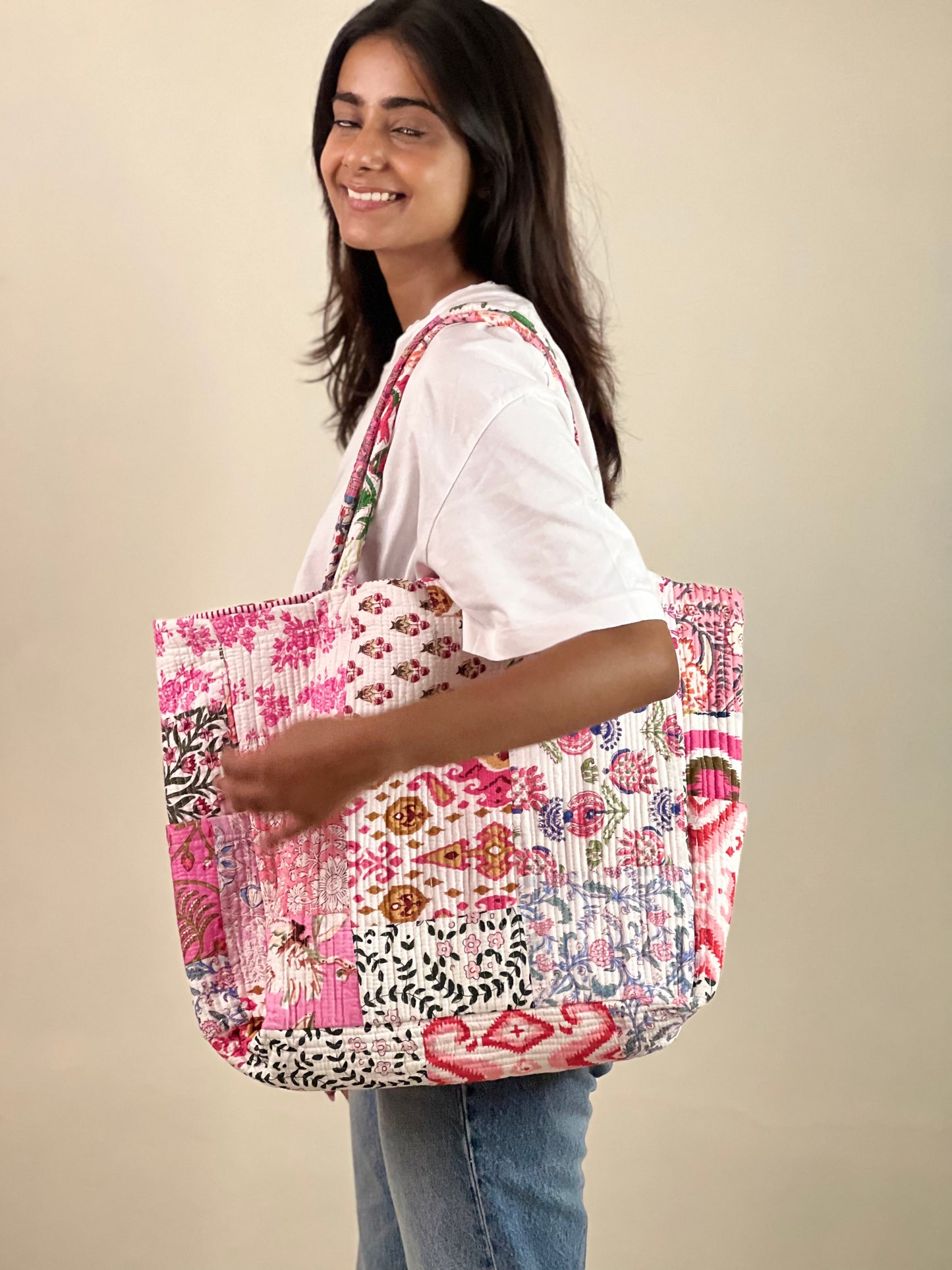 Multi Coloured Patchwork Quilted Everyday Tote Bag