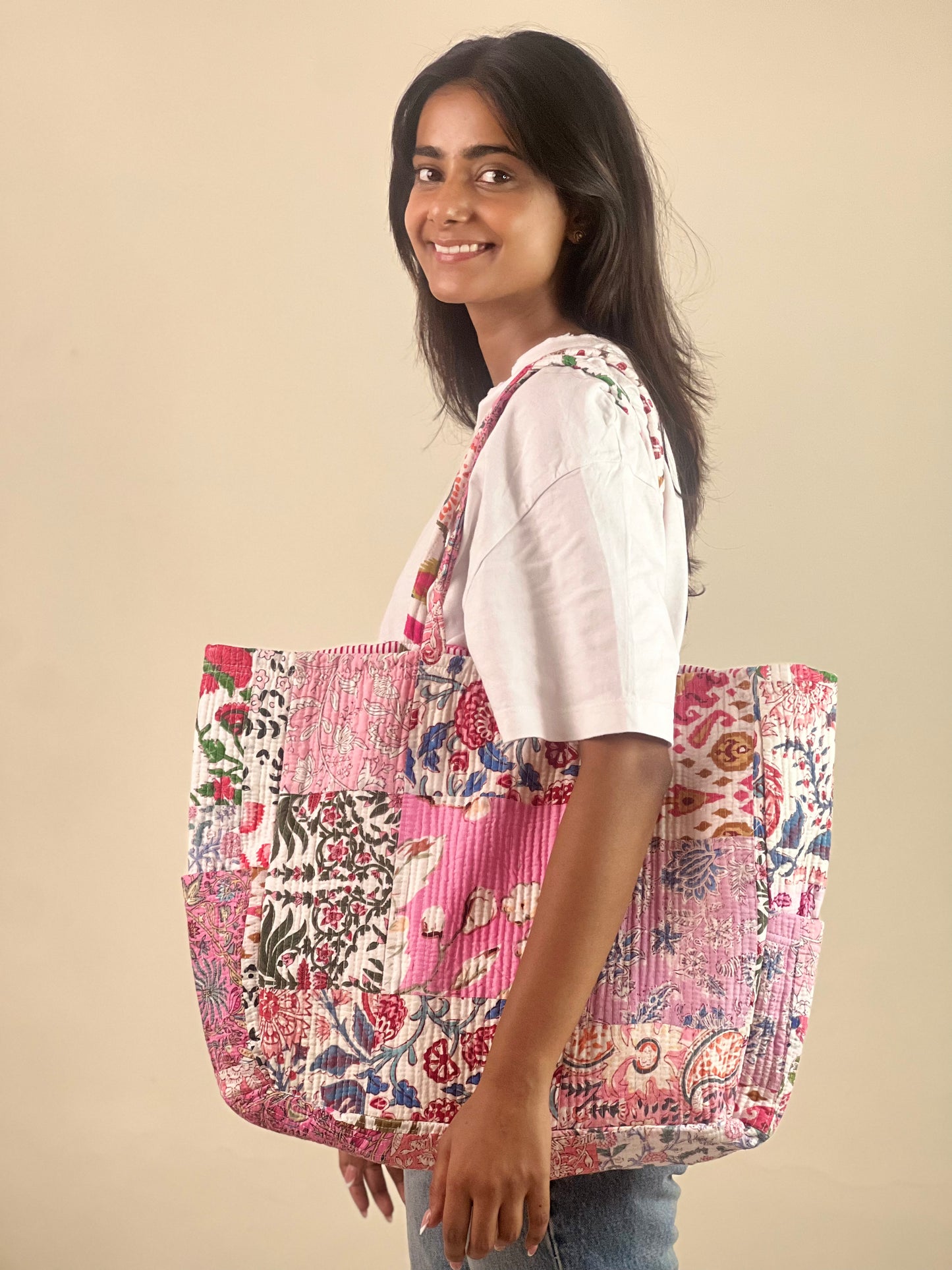 Multi Coloured Patchwork Quilted Everyday Tote Bag