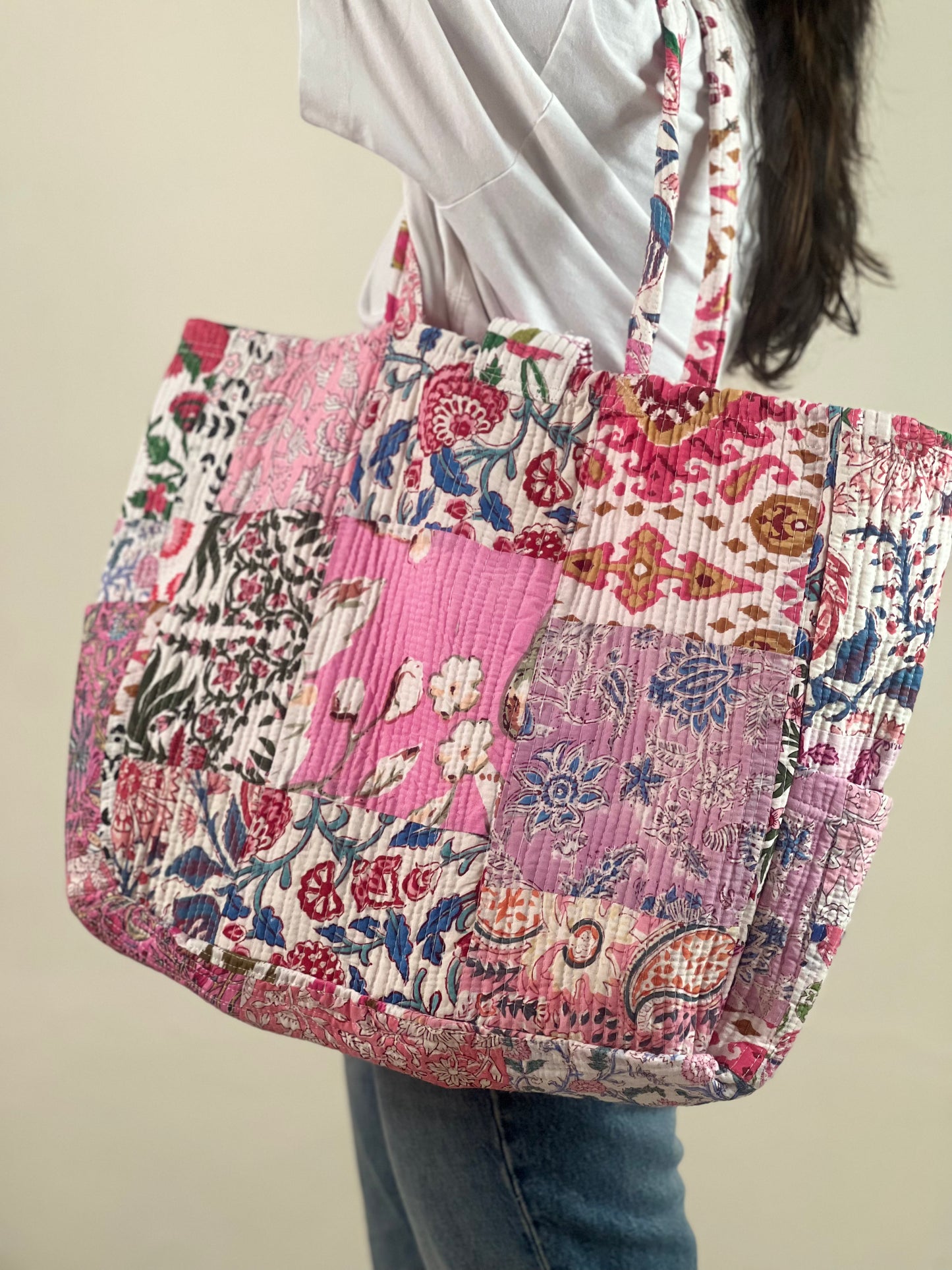 Multi Coloured Patchwork Quilted Everyday Tote Bag