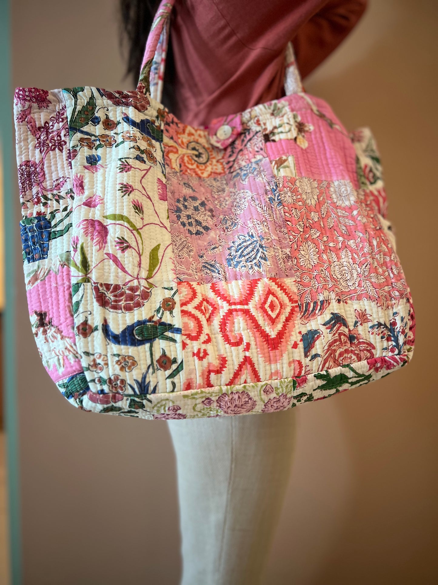 Coloured Patchwork Quilted Everyday Tote Bag